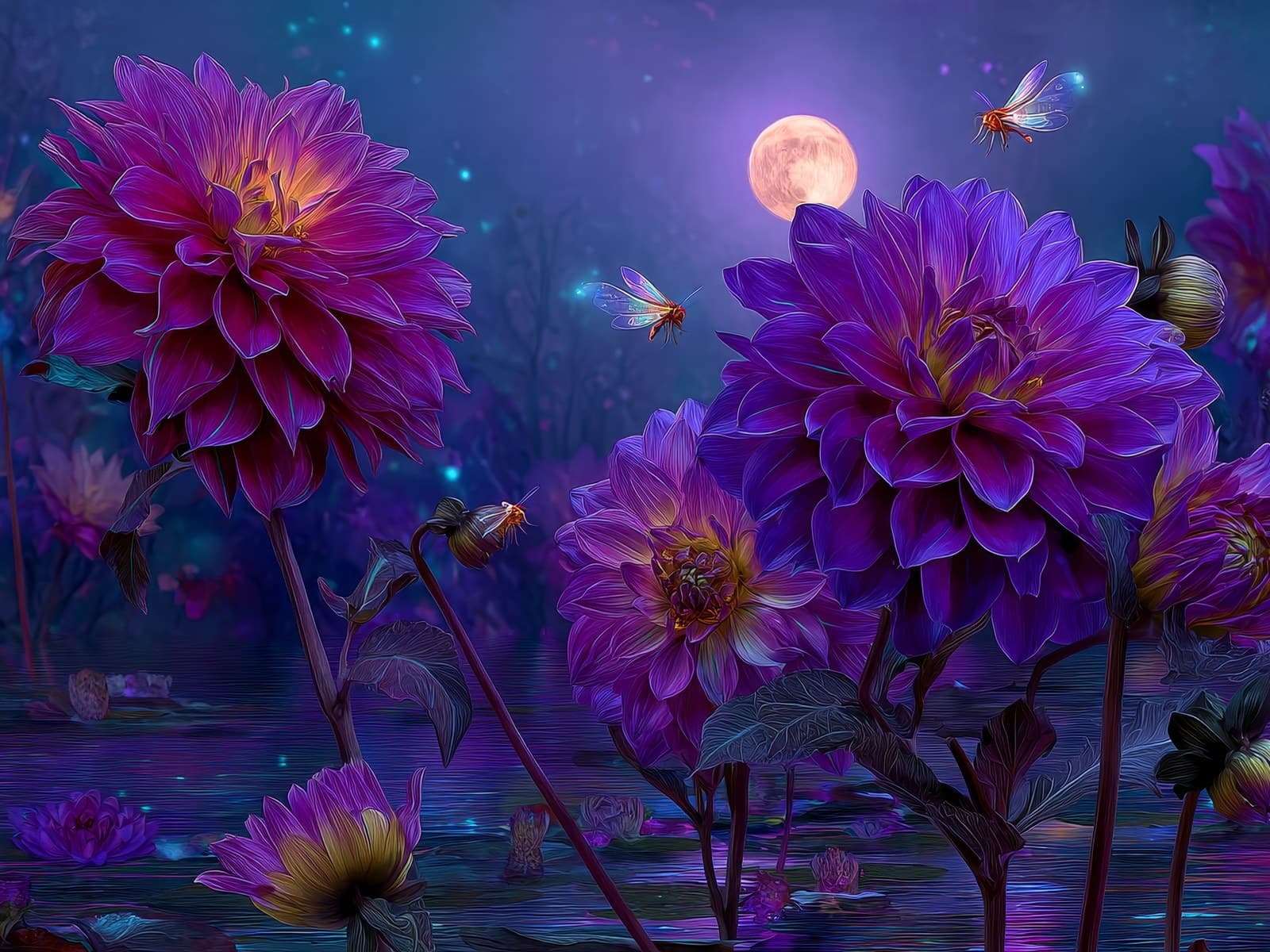 Paarse dahlia's onder een kleine maan