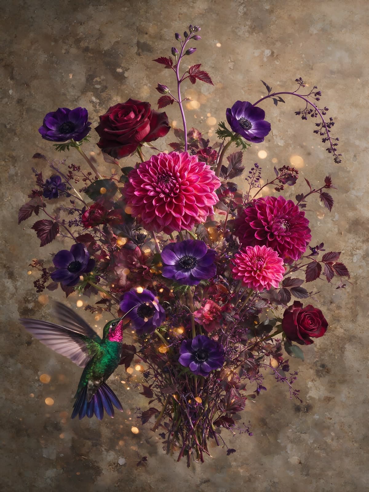 Paarse dahlia's en anemonen met kolibrie