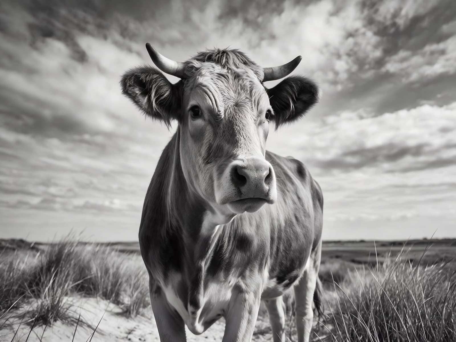 Koe met hoorns voor duinen en wolkenlucht