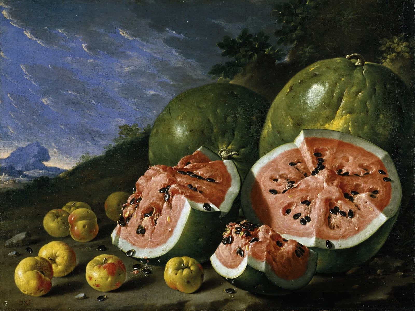 Stilleven met watermeloenen en appels in een landschap