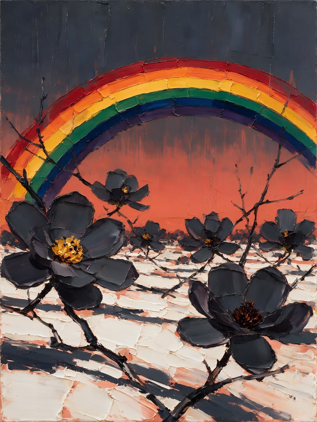Regenboog boven zwarte bloemen op takken