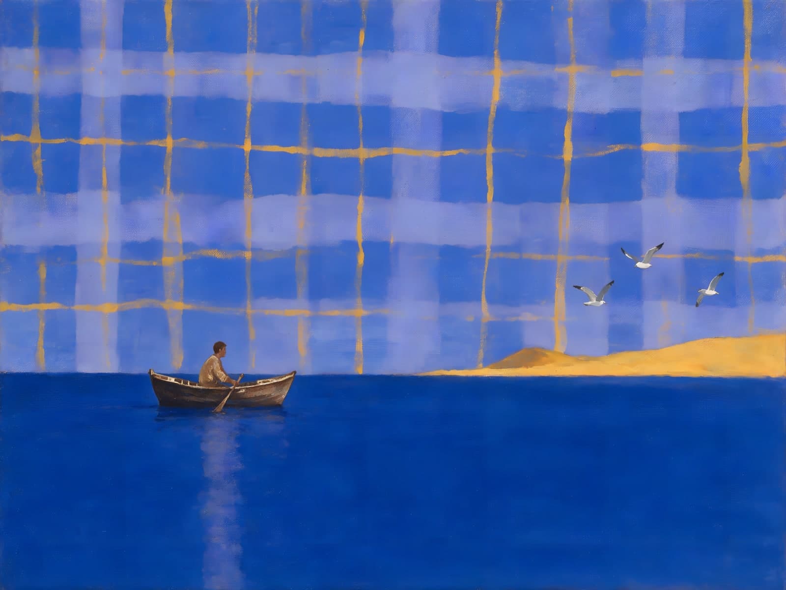 Roeier op blauwe zee onder geruite hemel
