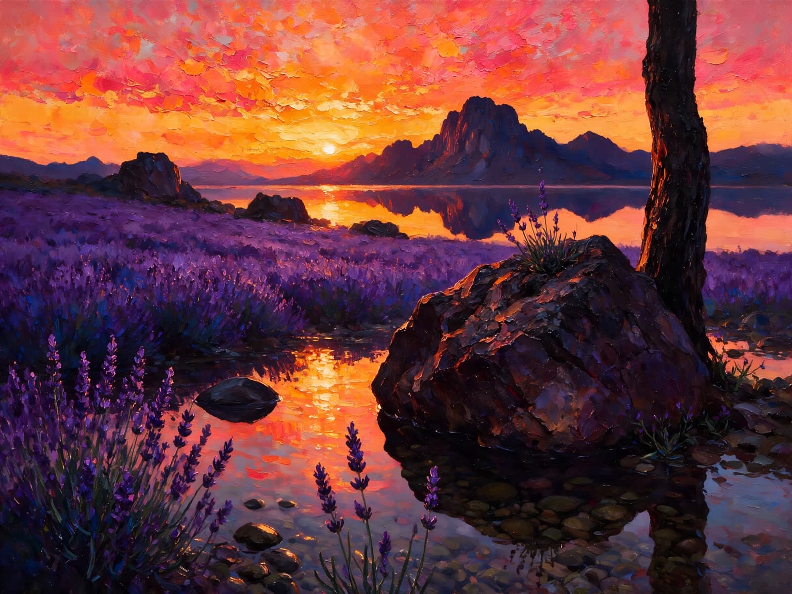 Lavendel aan een meer bij zonsondergang
