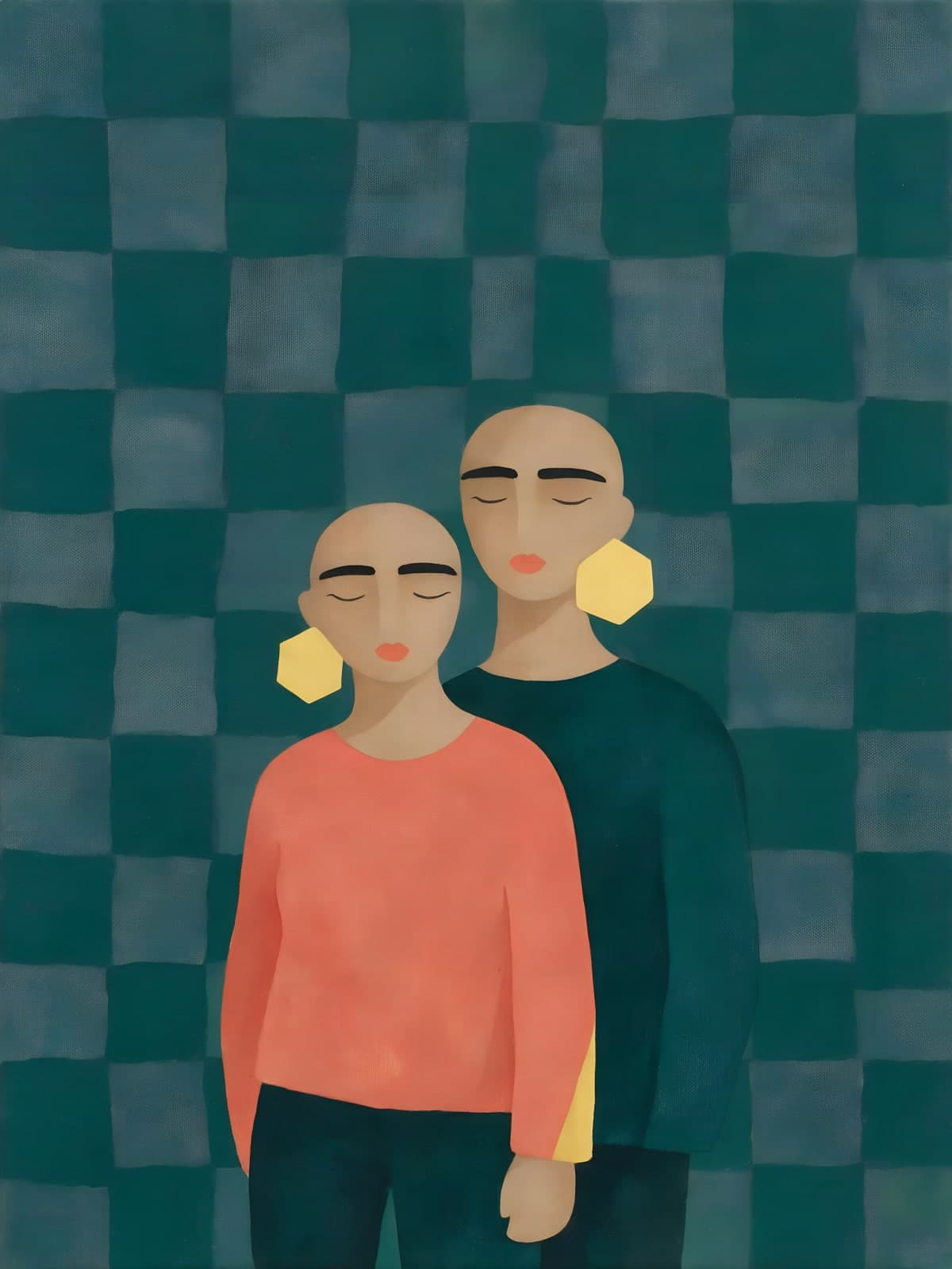 Twee figuren met gele oorbellen