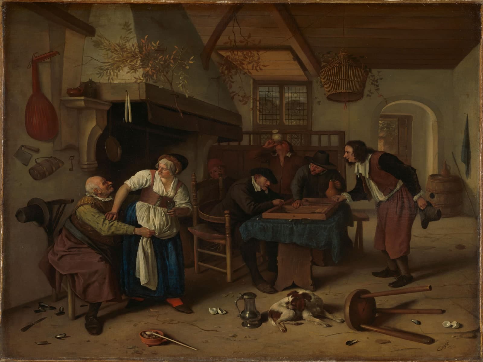 Herberginterieur met een oude man en triktrakspelers