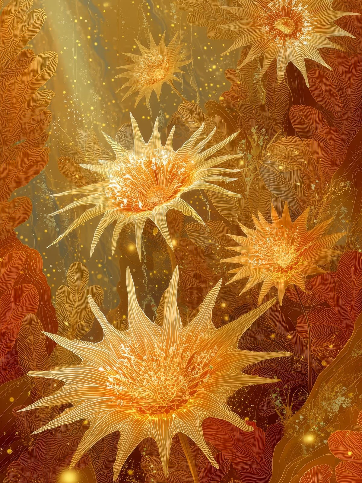Gouden stervormige bloemen op een oranje achtergrond