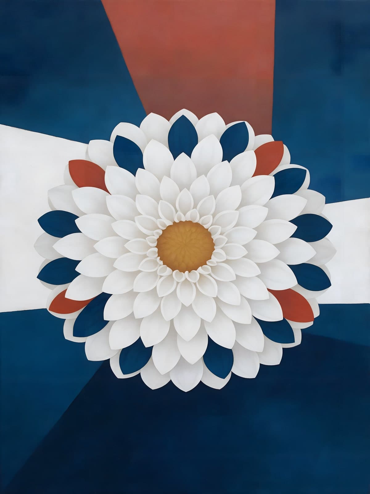 Witte bloem op blauwe en rode vlakken