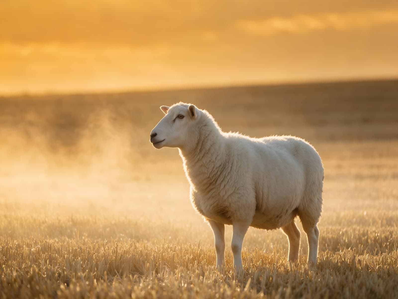 Schaap in gouden ochtendmist