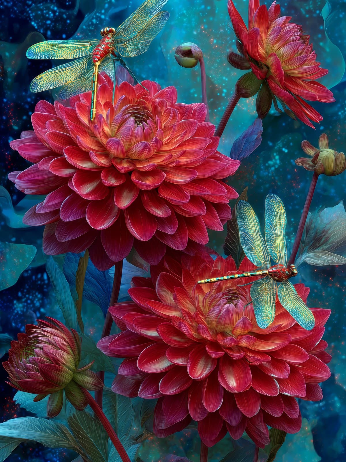 Rode dahlia's met groene libellen