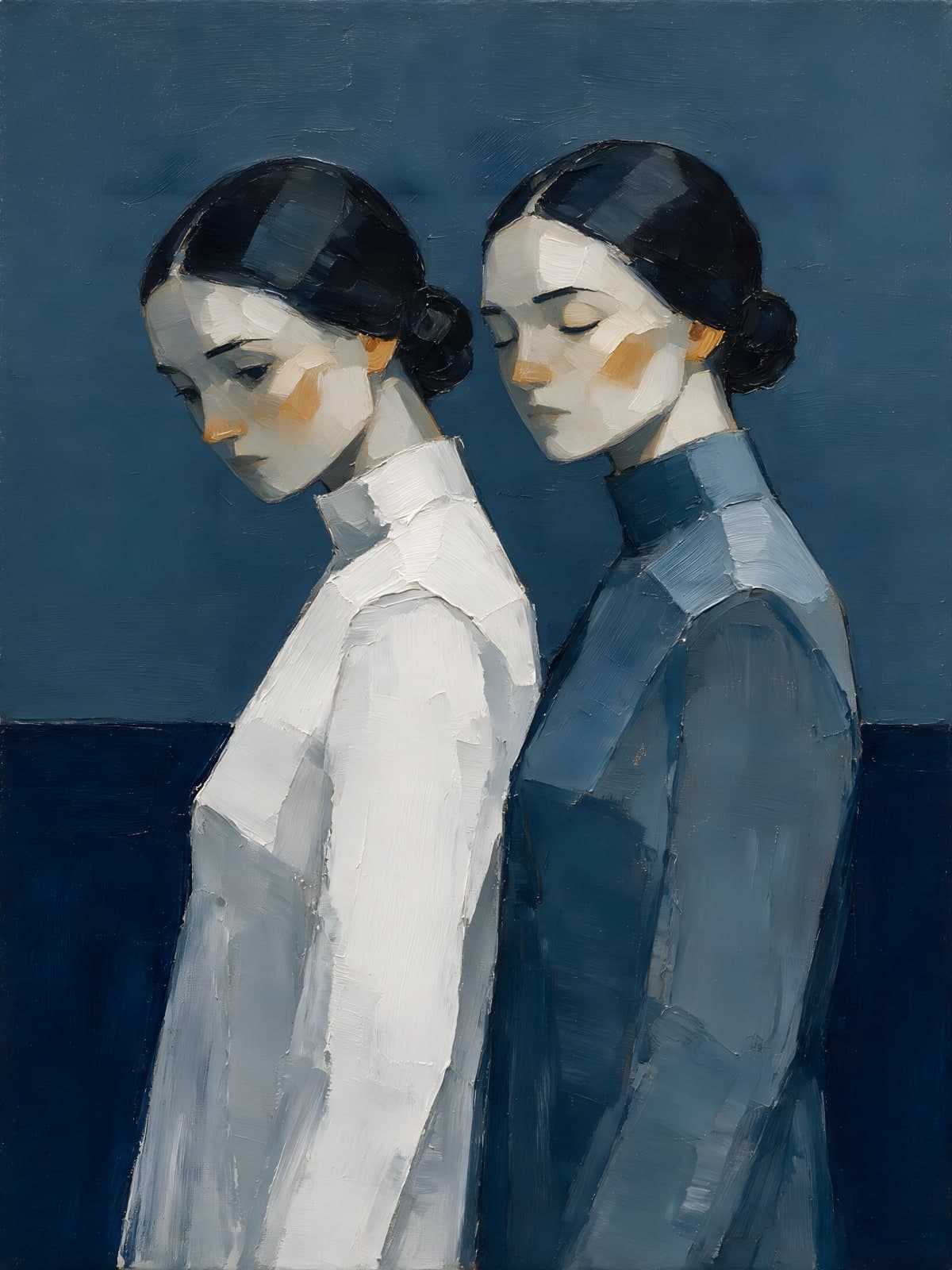 Twee gebogen vrouwenfiguren in blauw en wit