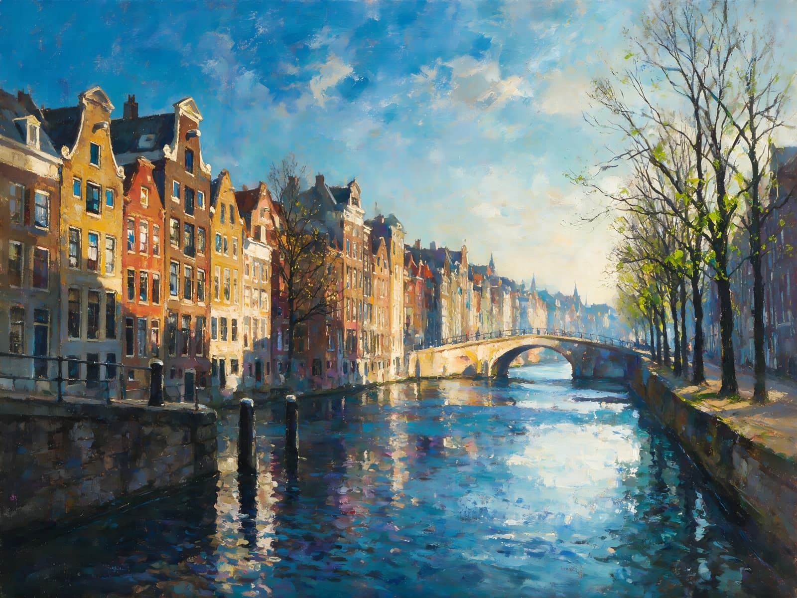 Gracht met gekleurde huizen in zonlicht