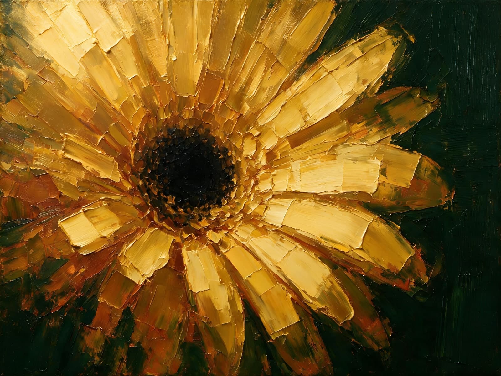 Gele bloem van dikke verf op donkergroen