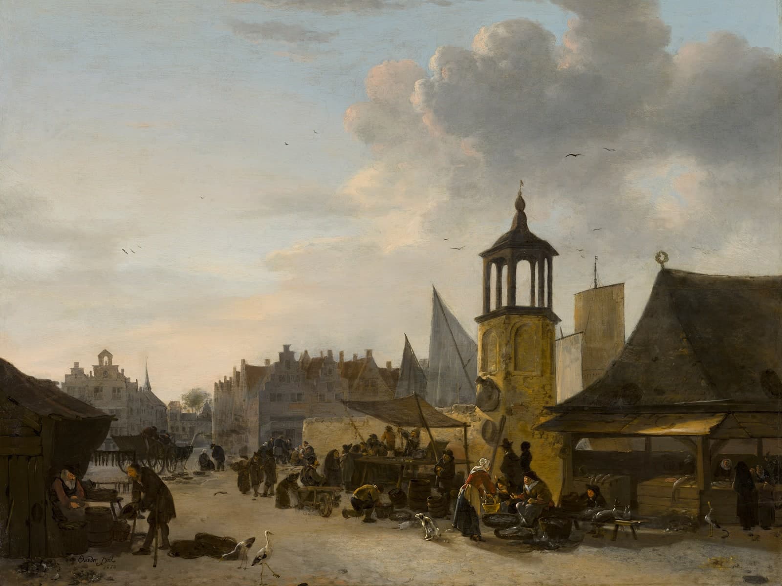 Vismarkt op een oud marktplein met kramen