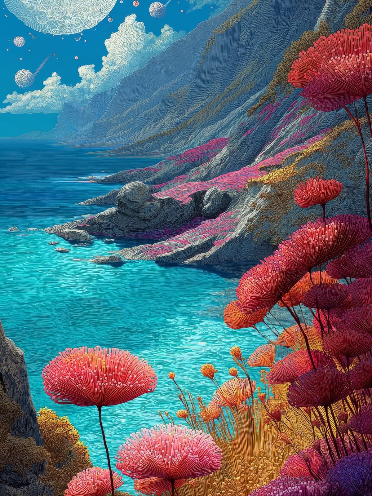 Rode koraalbloemen aan een turquoise baai