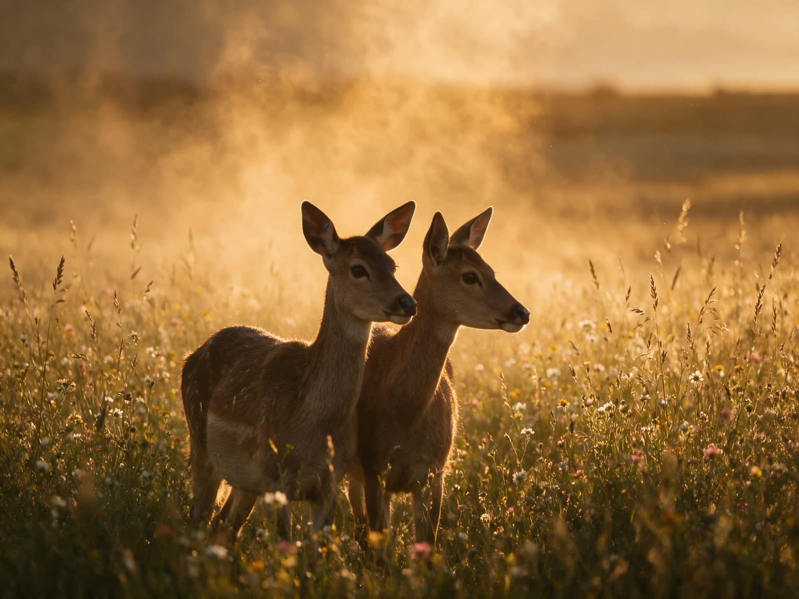 Twee herten in gouden gras bij avondlicht