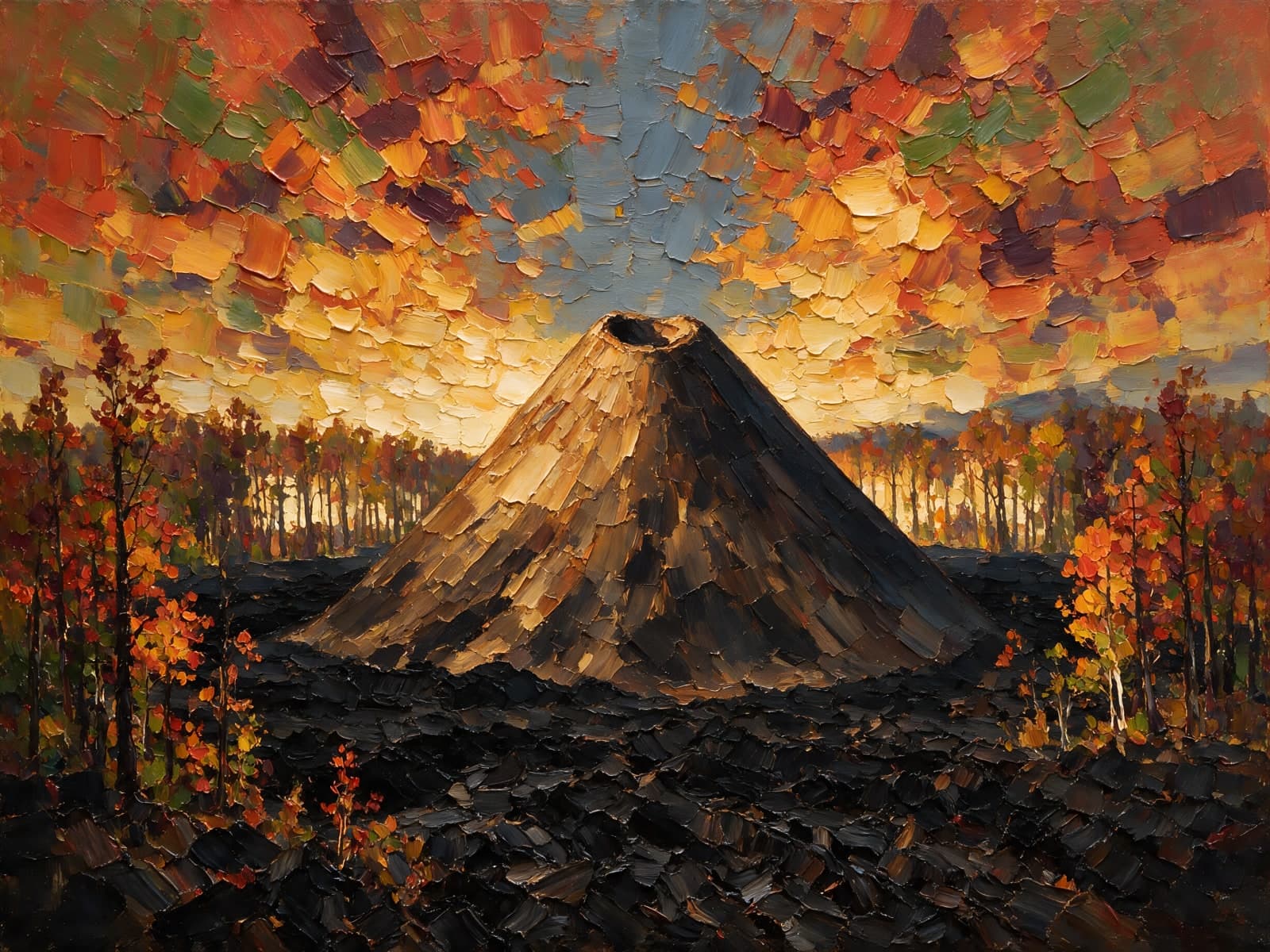 Vulkaan tussen herfstbomen onder oranje lucht
