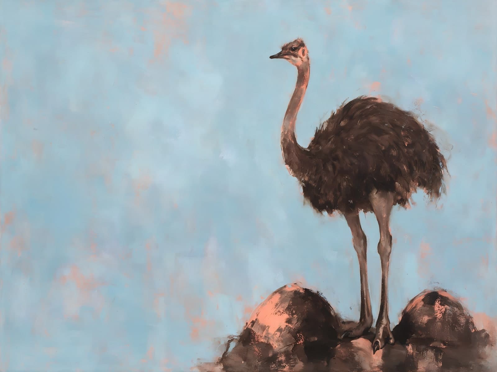Struisvogel op roze heuveltjes voor lichtblauw