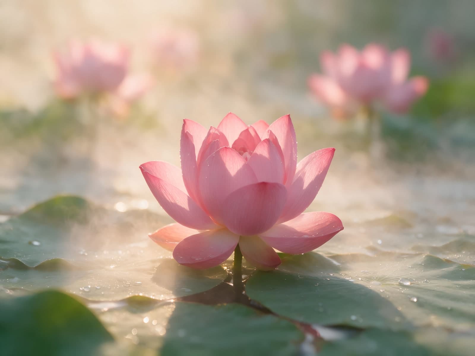 Roze lotusbloem in ochtendnevel