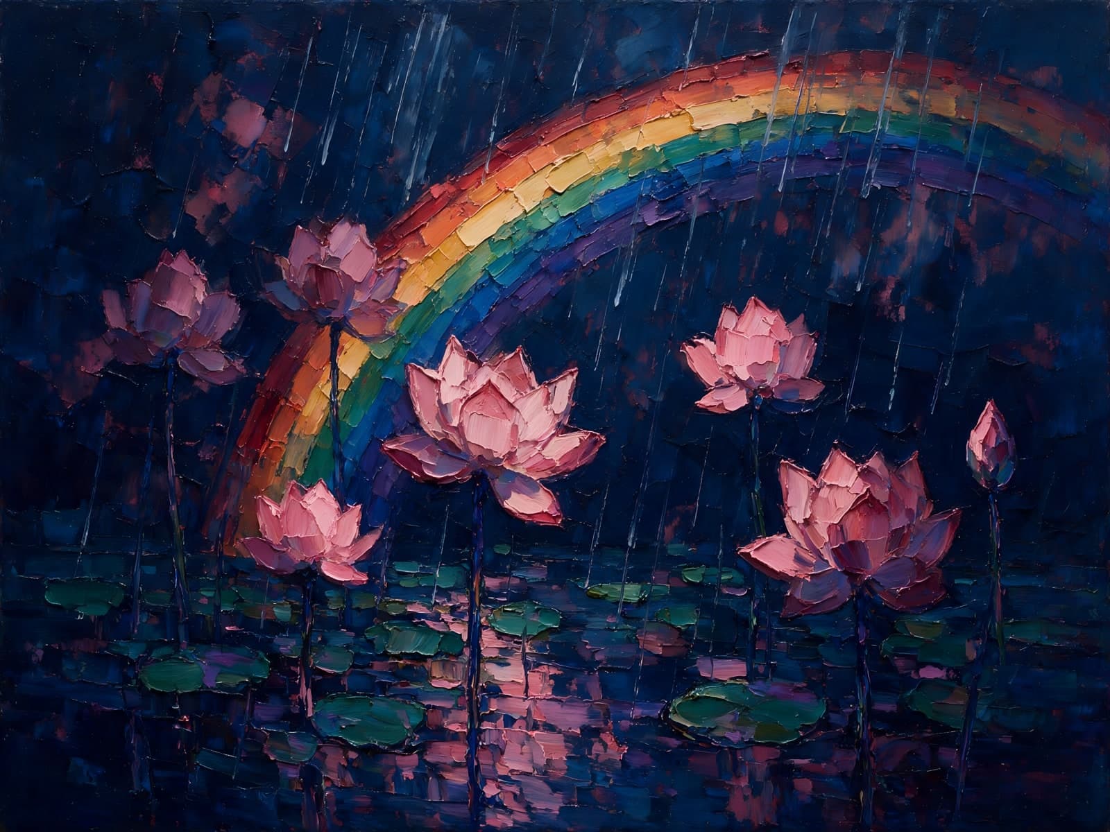 Regenboog boven roze lotusbloemen in de regen