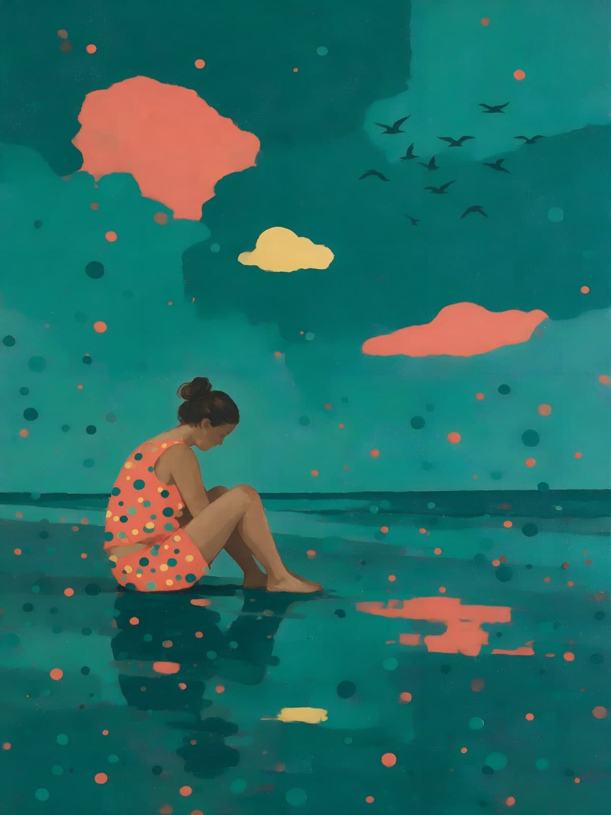 Zittende vrouw op turquoise water met koraalwolken