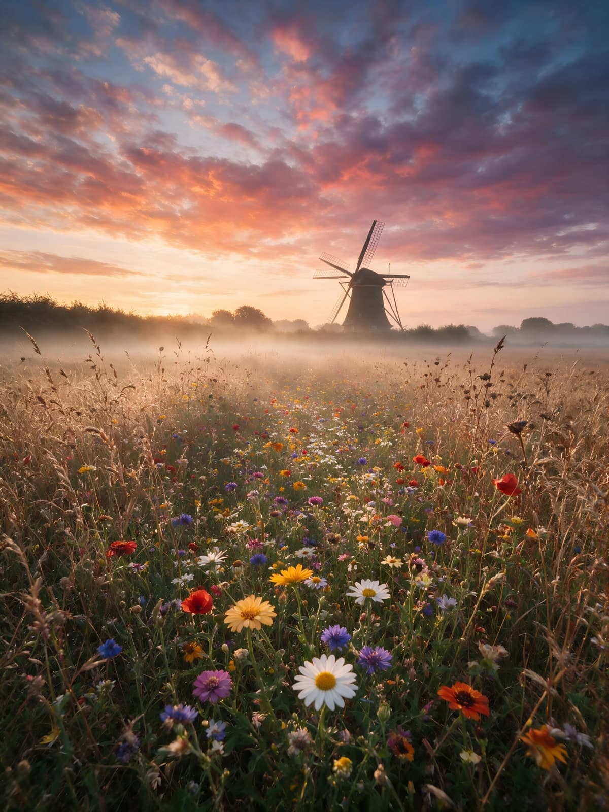 Molen en wilde bloemen in ochtendmist