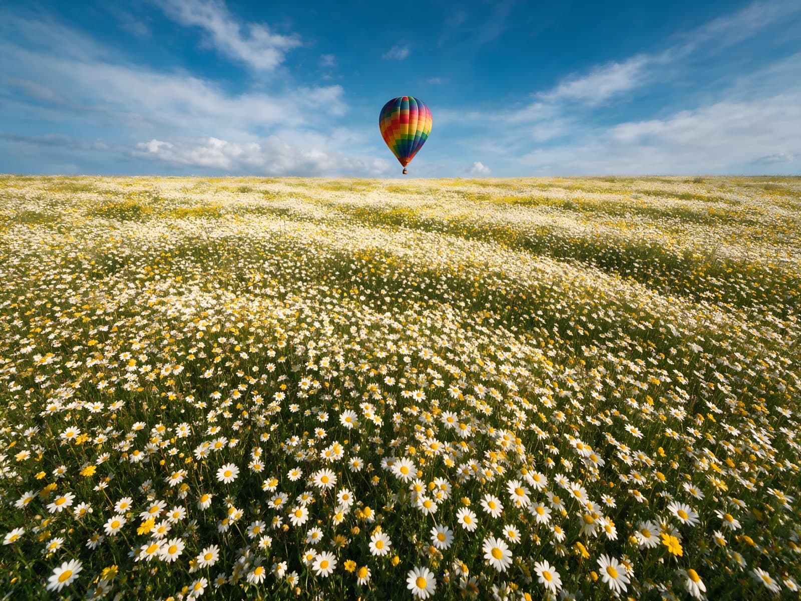 Luchtballon boven een veld vol madeliefjes