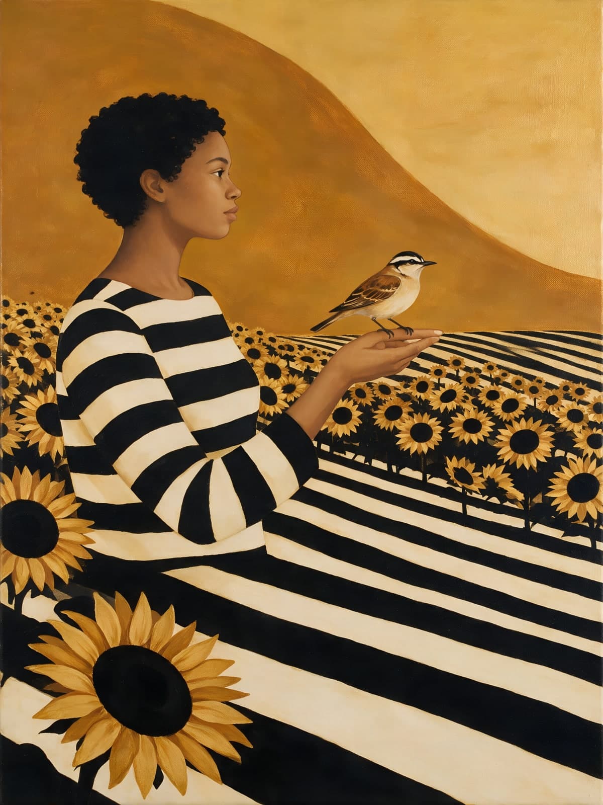 Vrouw met zangvogel tussen zonnebloemen