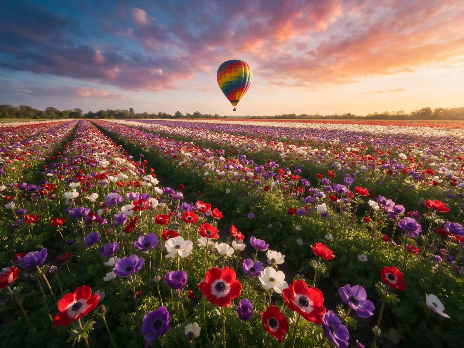 Luchtballon boven bloeiende anemonenvelden