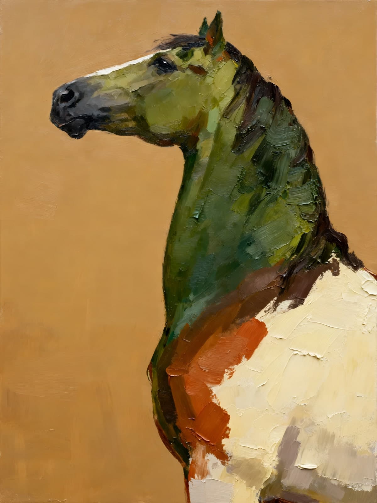 Paardenkop in groene en crème penseelstreken