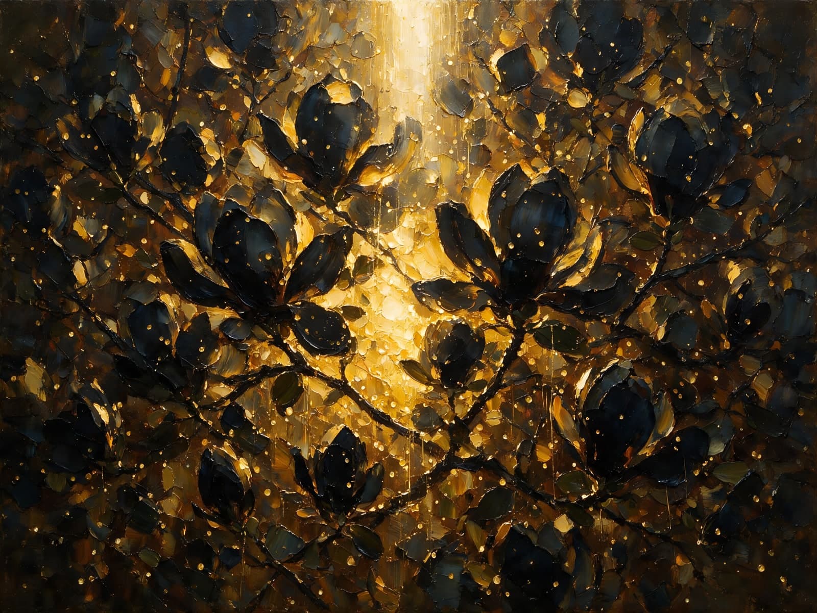 Zwarte bloemen en takken in gouden gloed