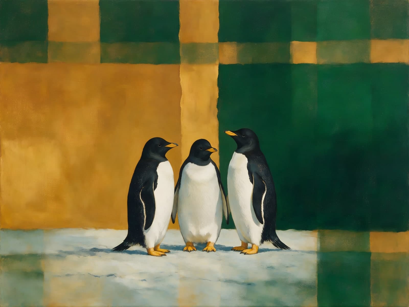 Drie pinguïns voor groene en gouden vlakken