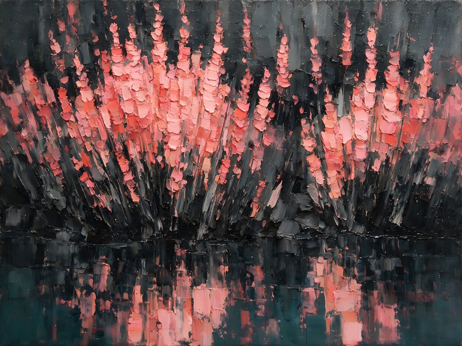 Roze bloemen weerspiegeld in donker water