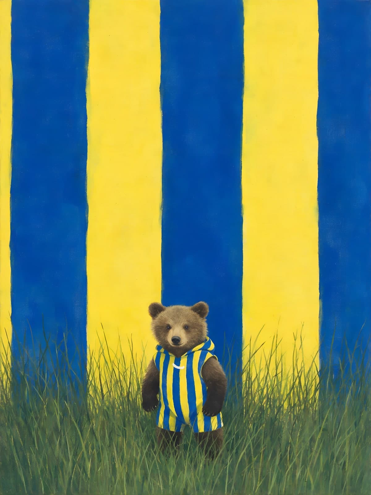 Beertje in gestreept shirt voor blauwgele banen