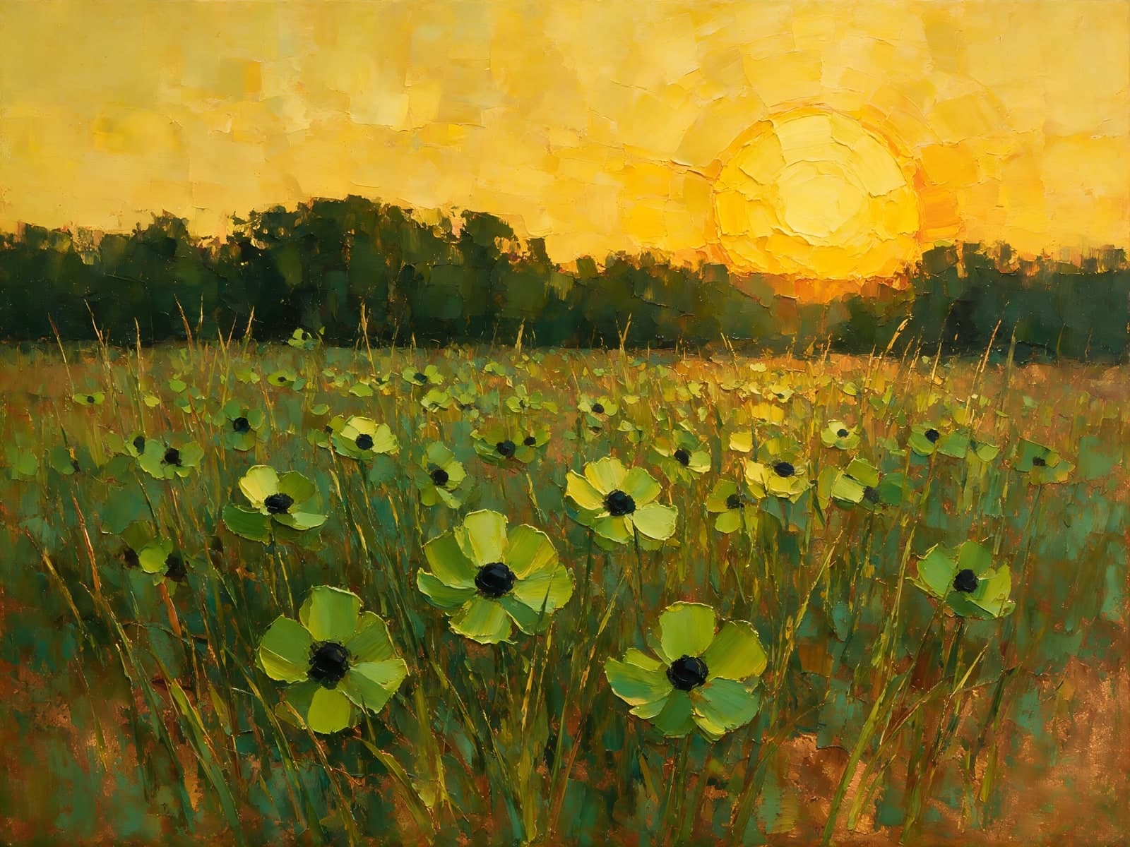 Gele zonsondergang boven veld met groene bloemen