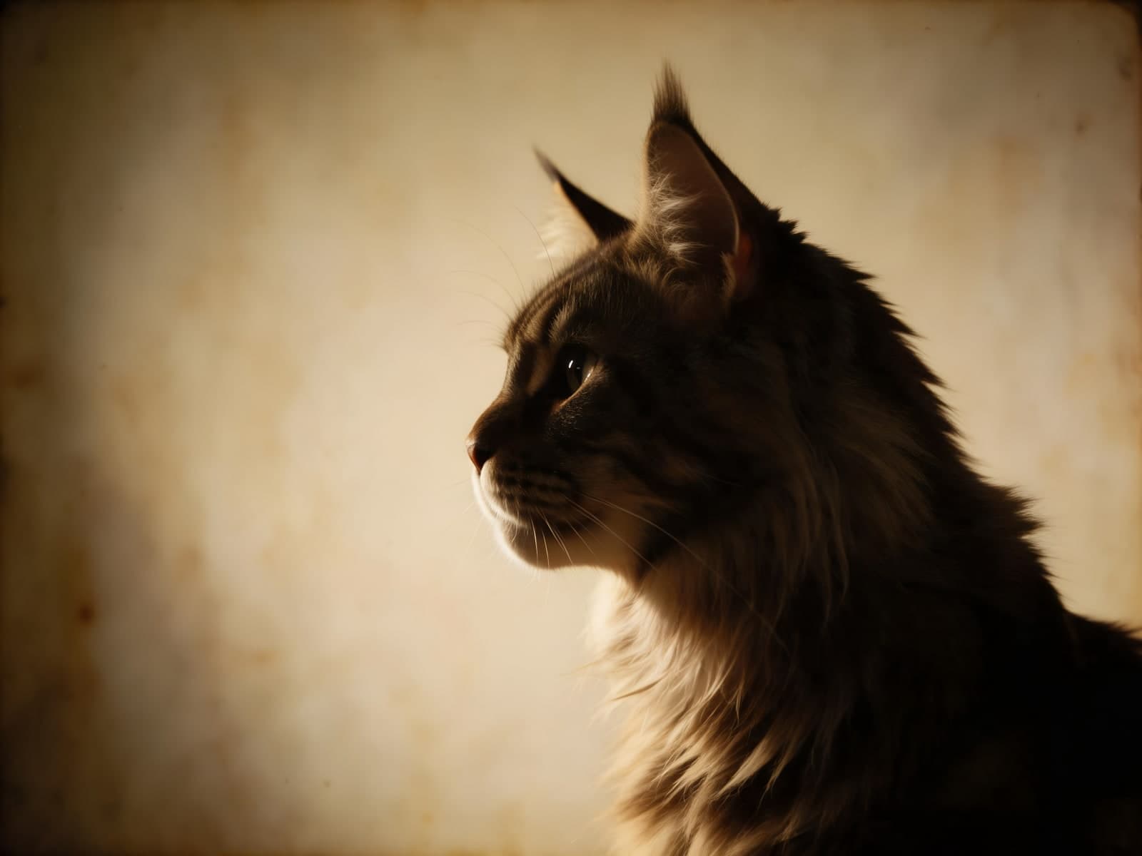 Pluizige kat in profiel tegen bruine achtergrond