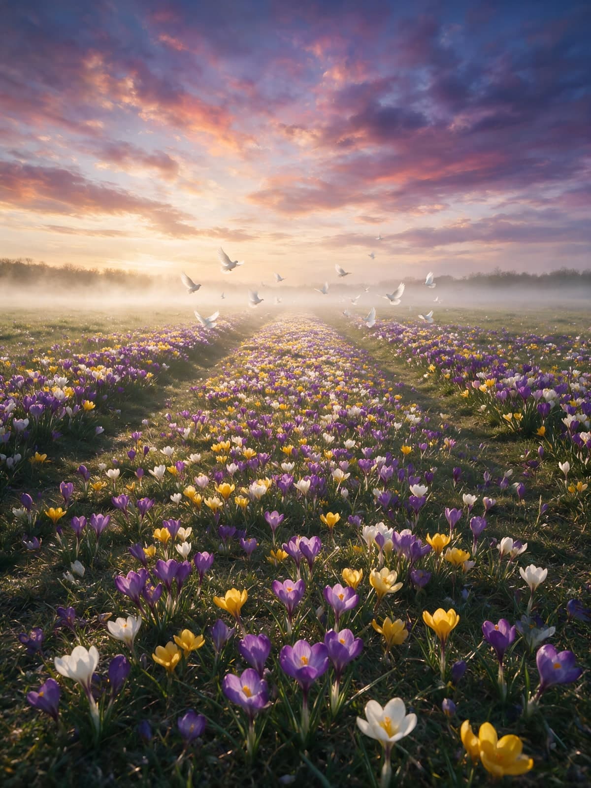 Krokussen in mist bij zonsopkomst
