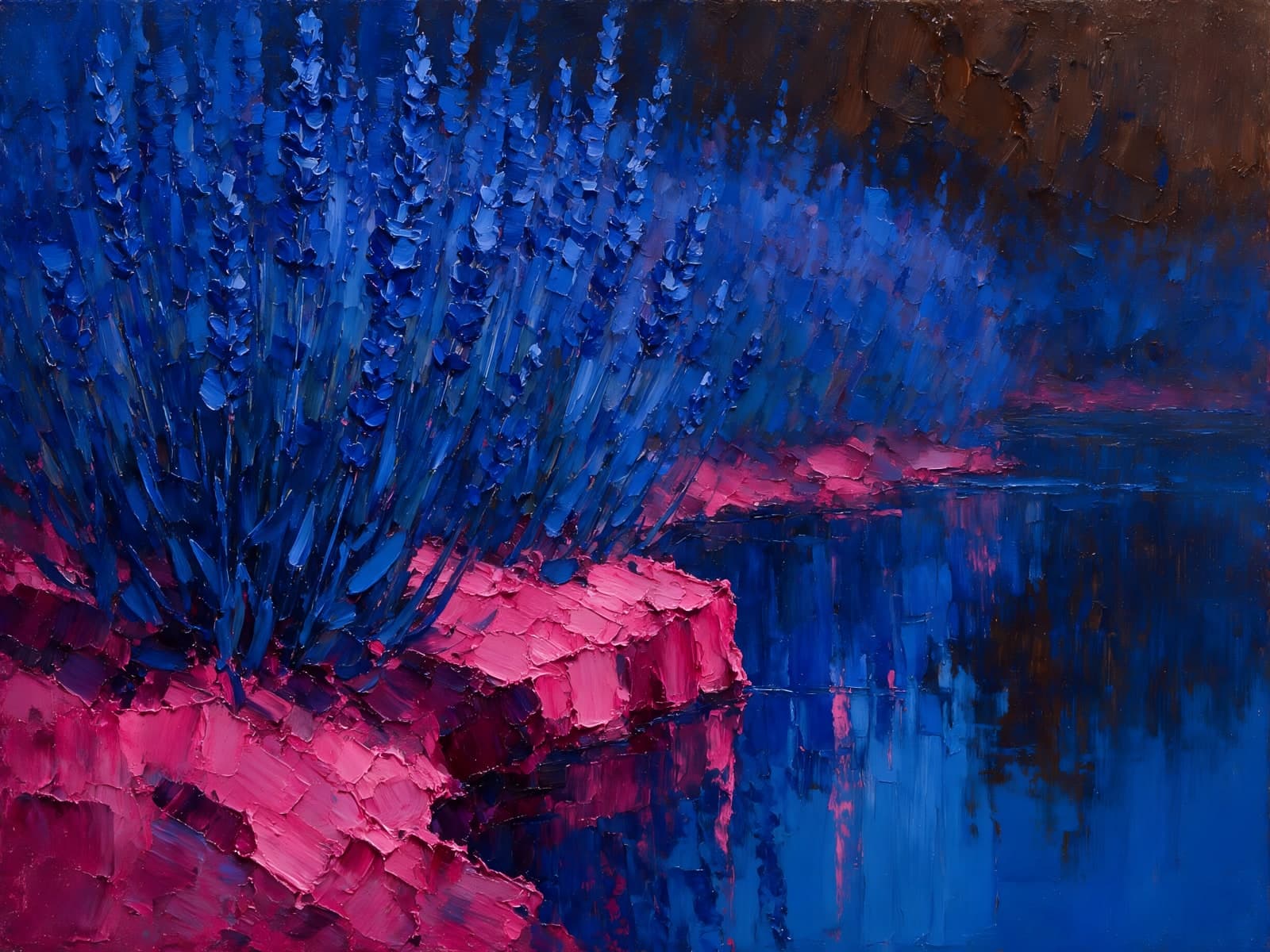 Blauwe lavendel boven een roze oever