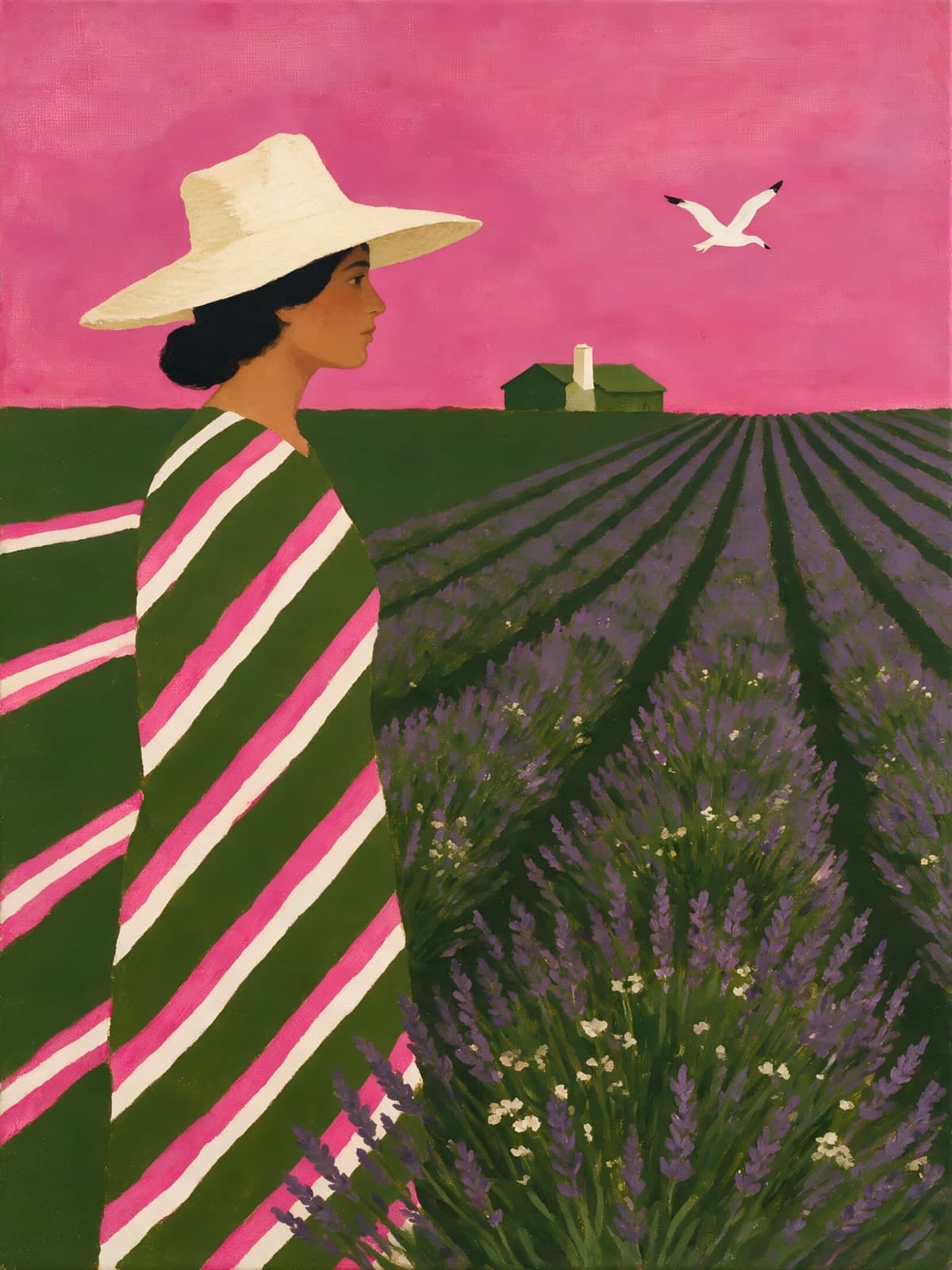 Vrouw met strohoed bij een lavendelveld