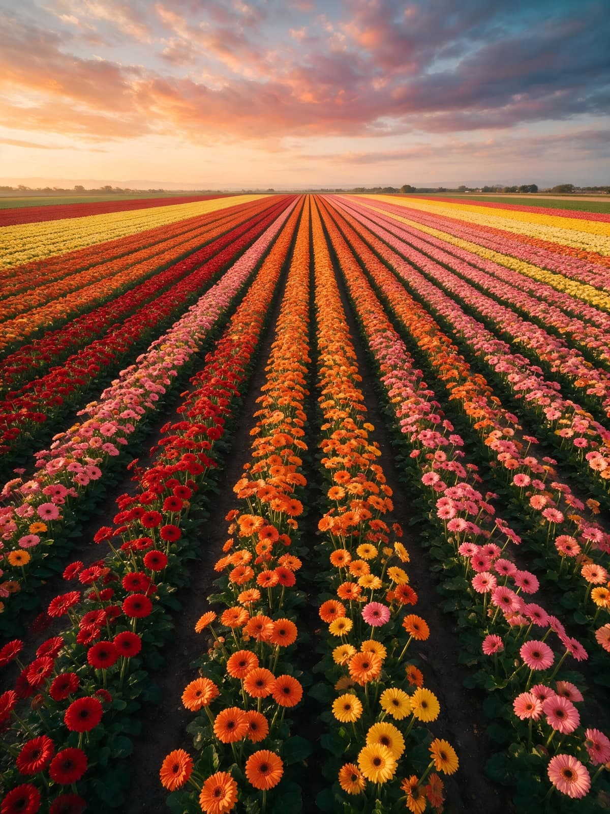 Rijen bloemen onder een roze avondlucht