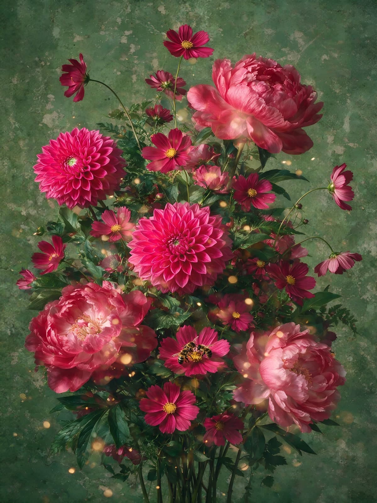 Roze pioenen en dahlia's op groen