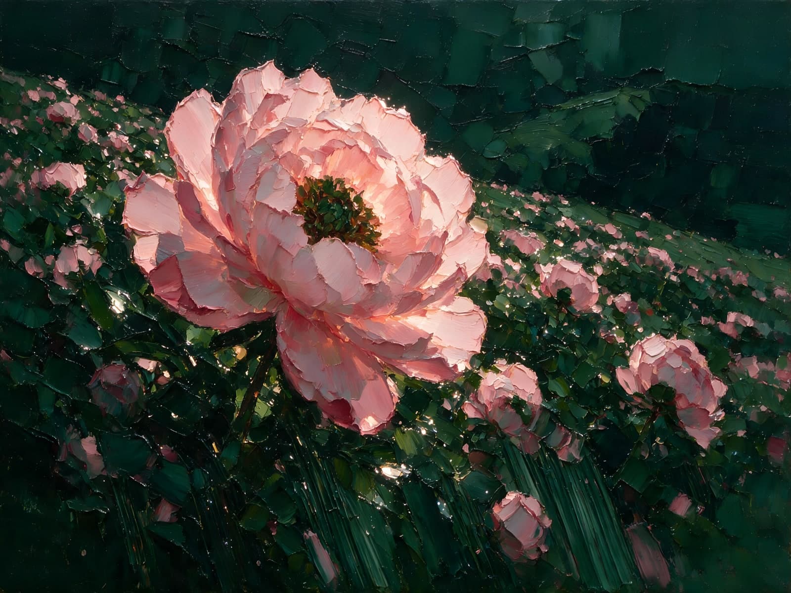 Roze pioen in een donkergroen veld
