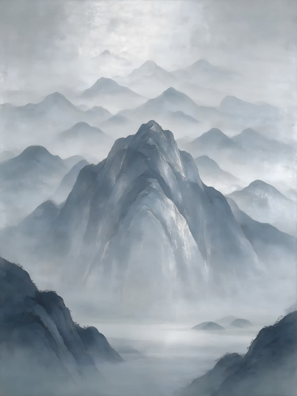 Grijsblauwe bergtoppen in de mist