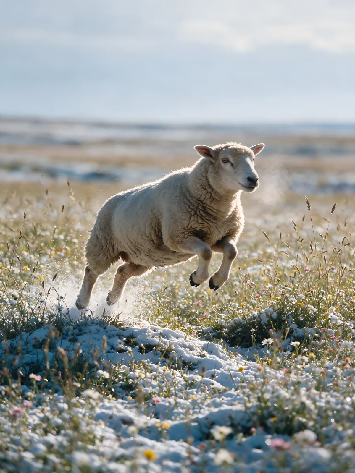Springend schaap in een besneeuwd veld