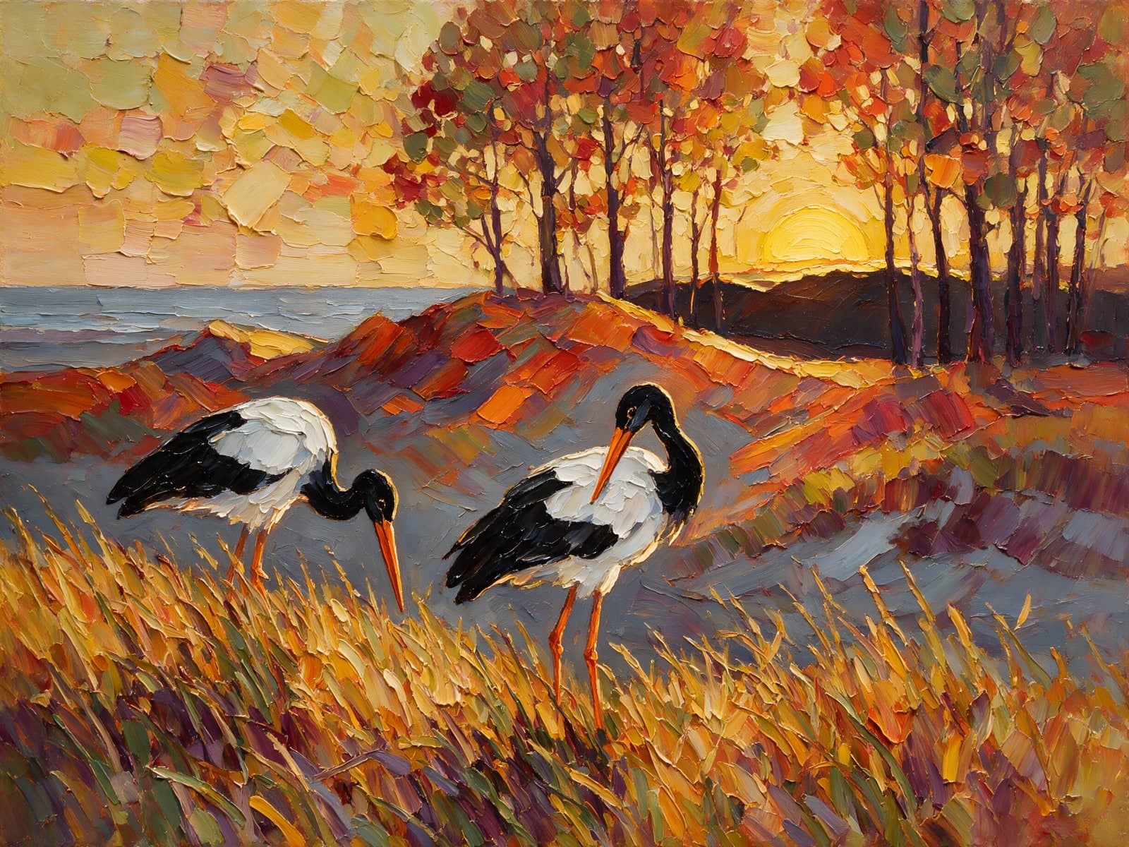 Twee ooievaars tussen herfstkleurige duinen