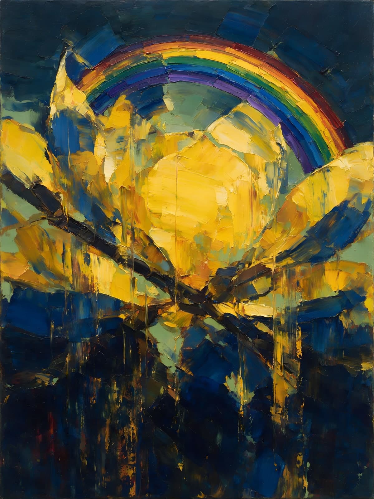 Gele bloem onder een regenboog