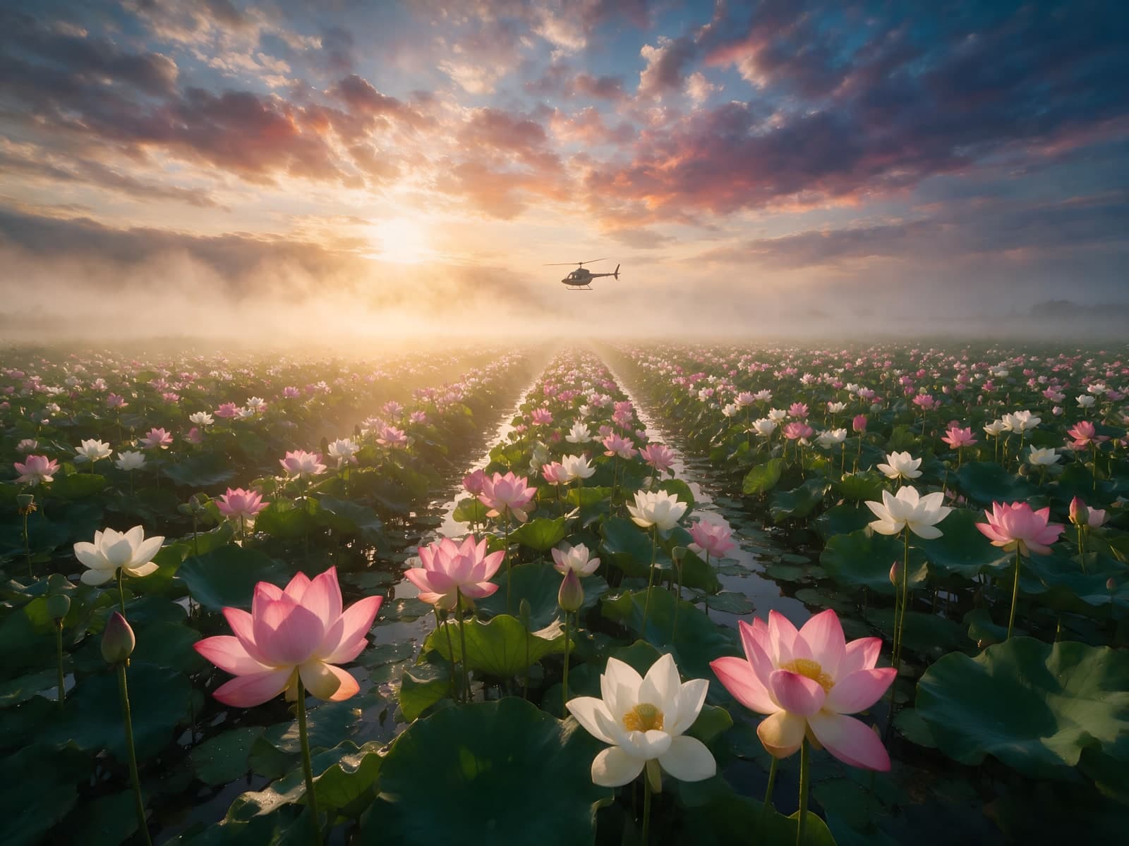 Lotusveld in ochtendlicht met kleine helikopter