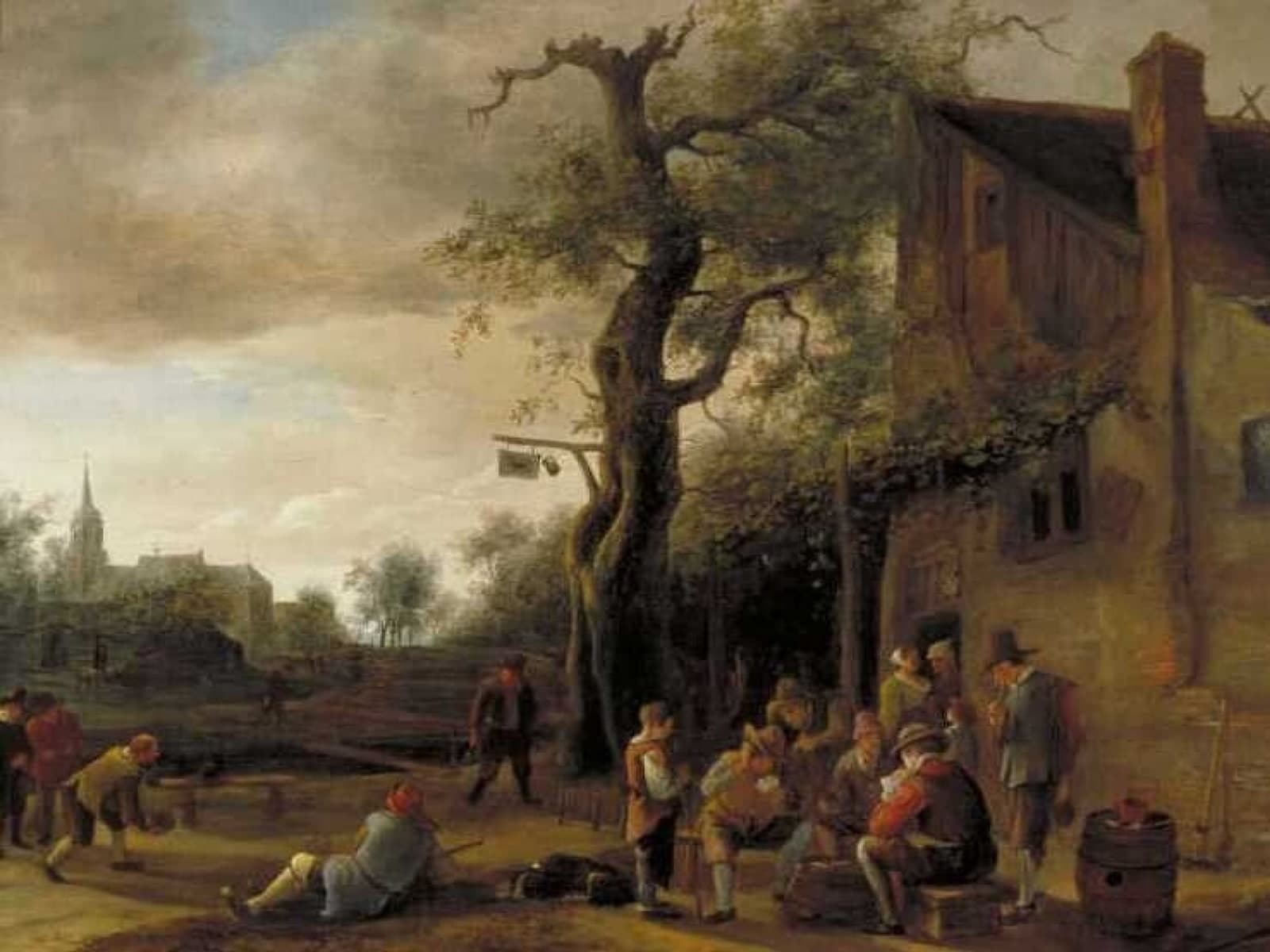 Kaartspelers en kegelaars bij een herberg