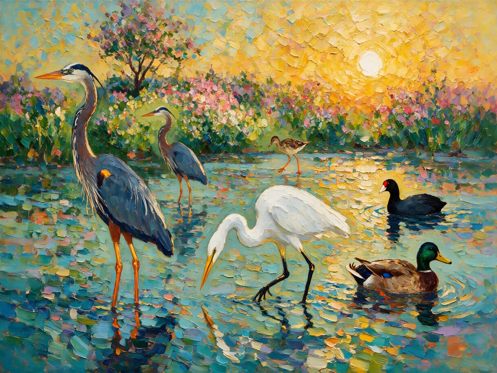 Reigers en eenden in zonnige vijver