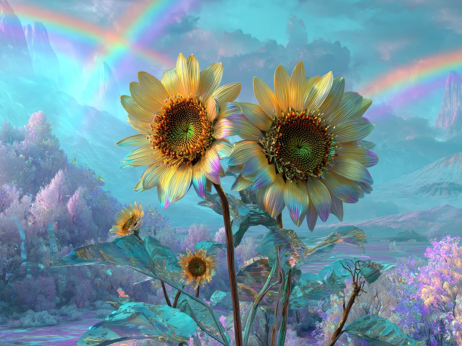 Zonnebloemen in een regenboogvallei