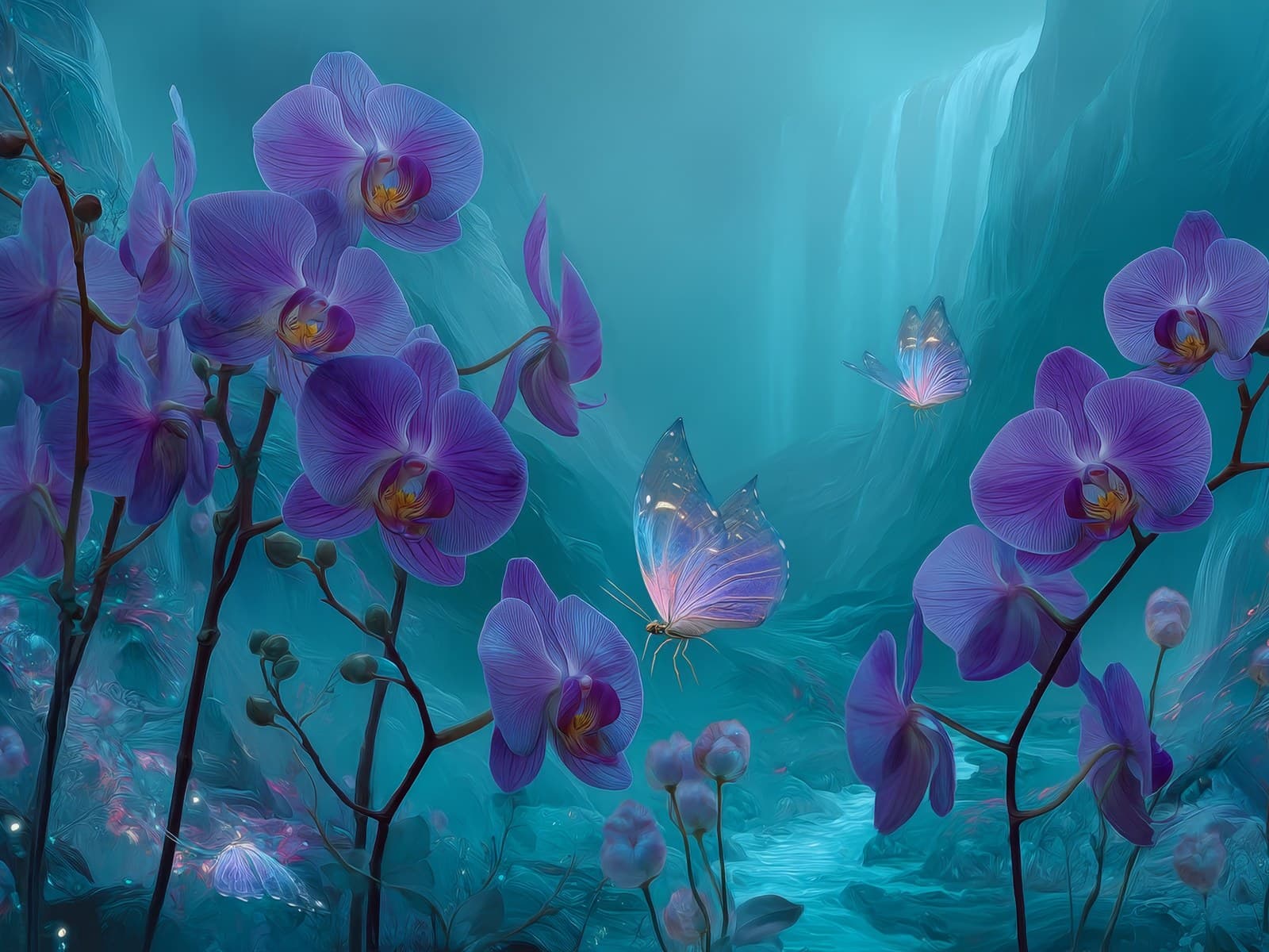 Paarse orchideeën bij een turquoise waterval